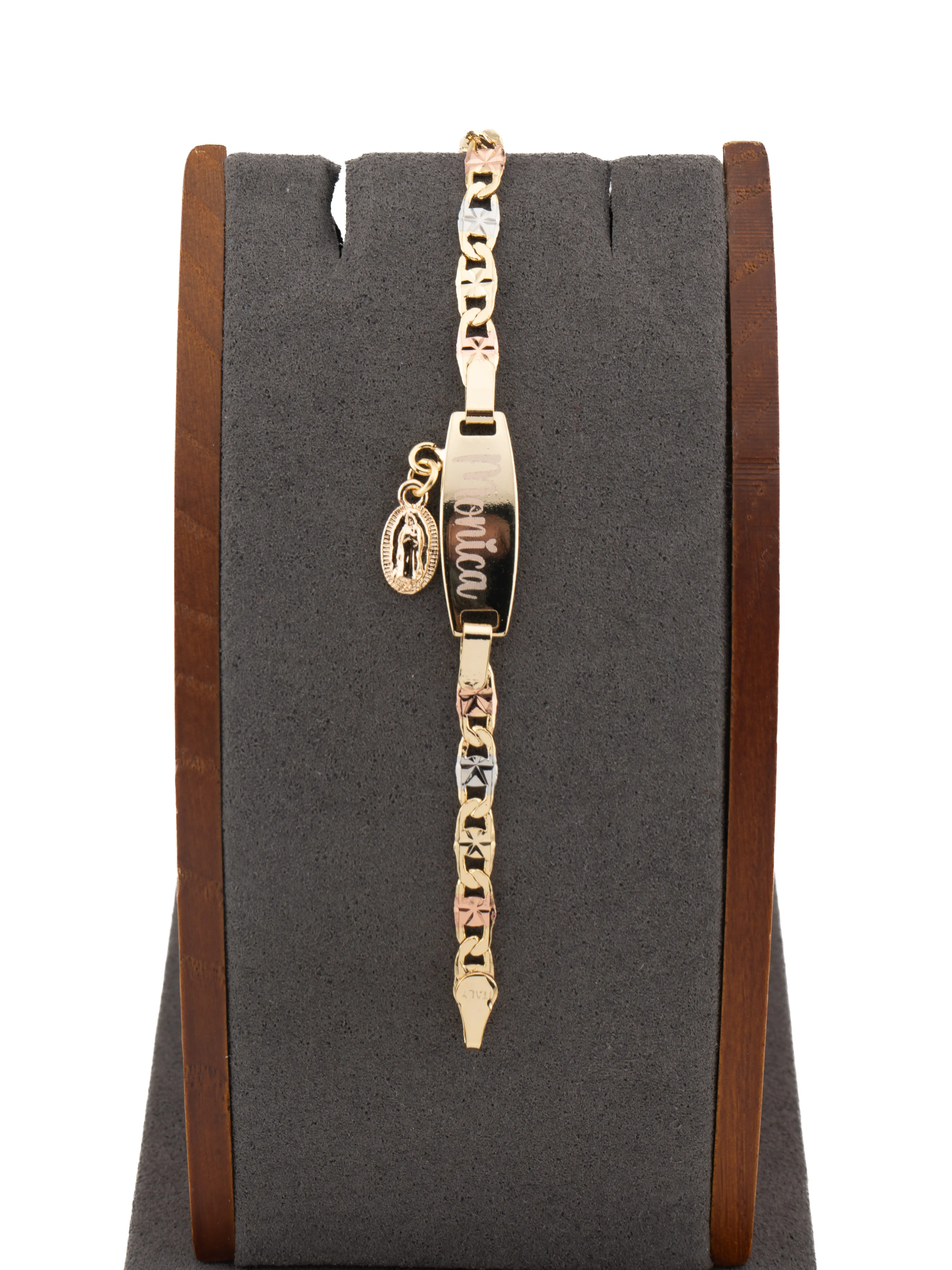 Unisex Baby Bracelet with Virgin Mary Charm - 4.5 in ID Style, 3-Tone Elegance Gold-Plated Metal, Smooth Edges, Customizable Name (Note Your Name), for Under 1 Yr, Ideal for Baby Showers, Baptisms & Christenings