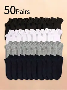 50 Pairs Men's Teen Socks, Random Colors, Soft Lightweight Casual Low-Cut Short Socks, Breathable Anti-Odor, All-Season Wear, School Sports Outdoor