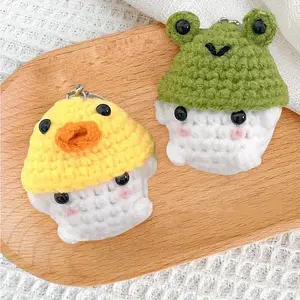 2pcs Cute Crochet Mushroom Keychains - Handmade Frog & Duck with Strawberry Hat, Soft Fabric Backpack Charms for Women, Durable & Stylish Accessory for Keys, Bags, and Gifts, Cute Keychain Accessories, Bag Charms, Playful Design, Handcrafte carabiner