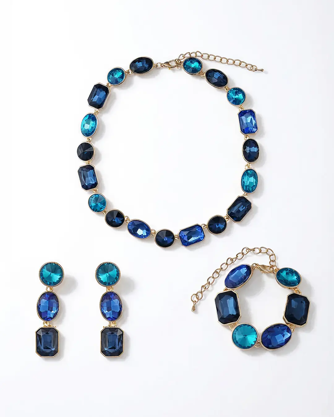 Art Deco Jewelry Set with Multi Color Blue Crystals in Yellow Gold Brass with 16.5"+2"extender