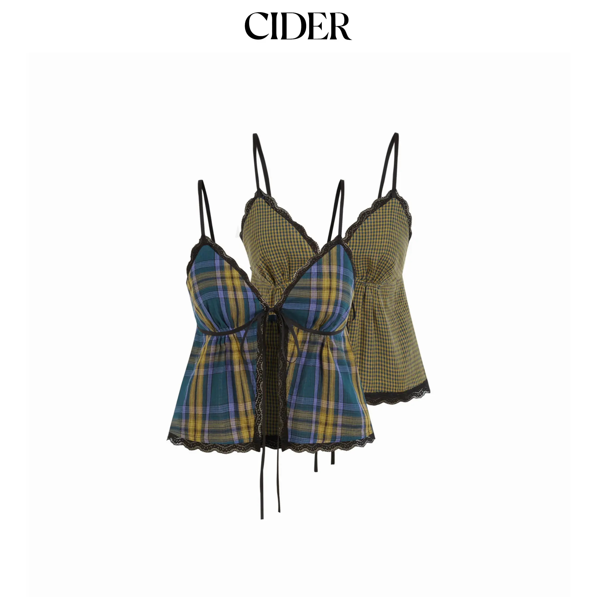 Cider Women's Plaid Reversible V-neck Cami Top with Contrasting Lace & Knotted Detail