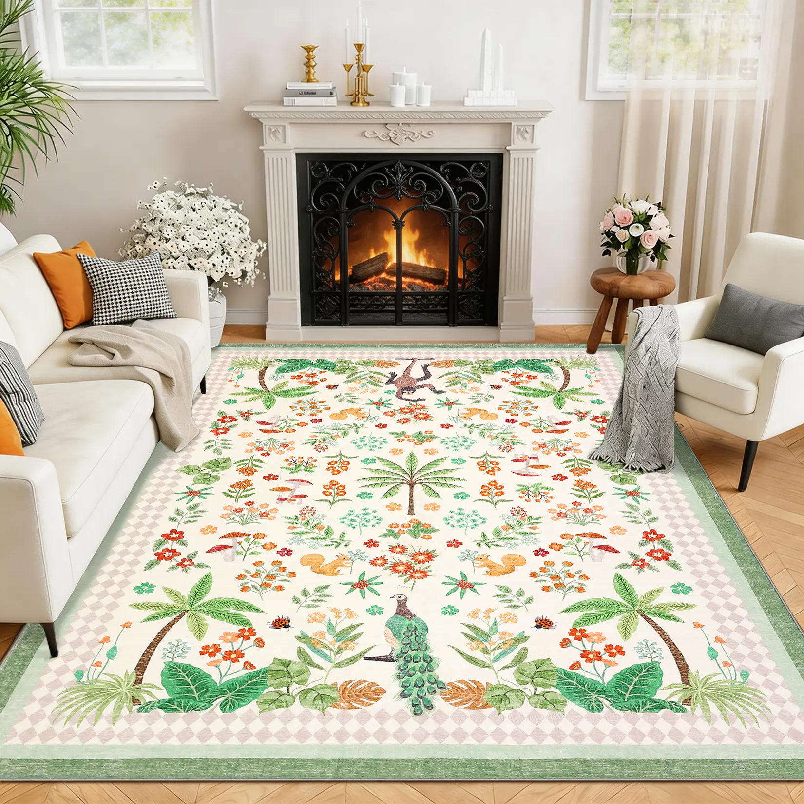 Garvee Washable Area Rug for Living Room, Soft Non Slip Jungle Bedroom Rugs, Low Pile Ultra Thin Animal Print Forest Rug for Farmhouse Dining Room Kitchen Entryway, Lightweight Tropical Rugs