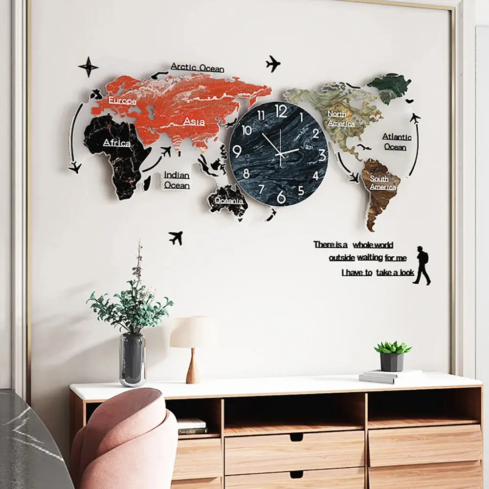Homary 29.1" x 13.4" Modern World Map Wall Clock Acrylic & Glass Home Decor Art Living Room Homary 29.1" x 13.4" Modern World Map Wall Clock Acrylic & Glass Home Decor Art Living Room
