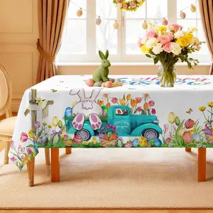 Rectangular Tablecloth Spring Summer Cute Rabbit Floral Easter Egg Pattern, Holiday Kitchen Dining Decor, Family Gathering Picnic Dinner Decoration
