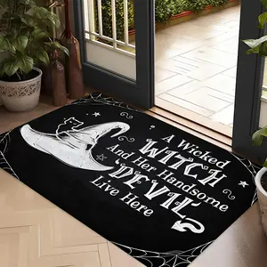 1pc Interesting "An Evil Witch and Her Handsome Devil Live Here" Entrance Carpet Mat Entry Door Mat Suitable for Kitchen Bedroom Living Room Front Door Porch Decoration Carpet Decorative Items Decorative Carpet Mat Home Decor Mat