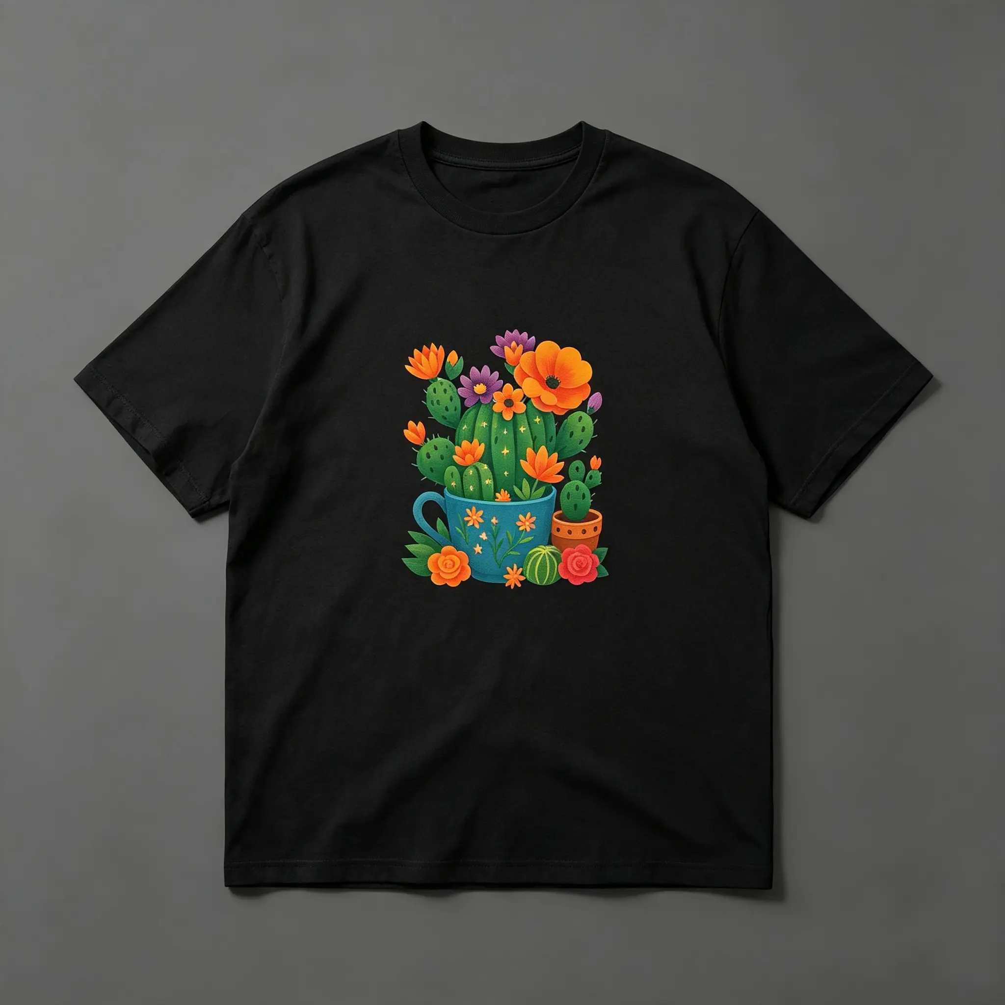 Women's Teacup Cactus Wildflower Graphic Crew Neck T-Shirt, Casual Botanical Short Sleeve Tee