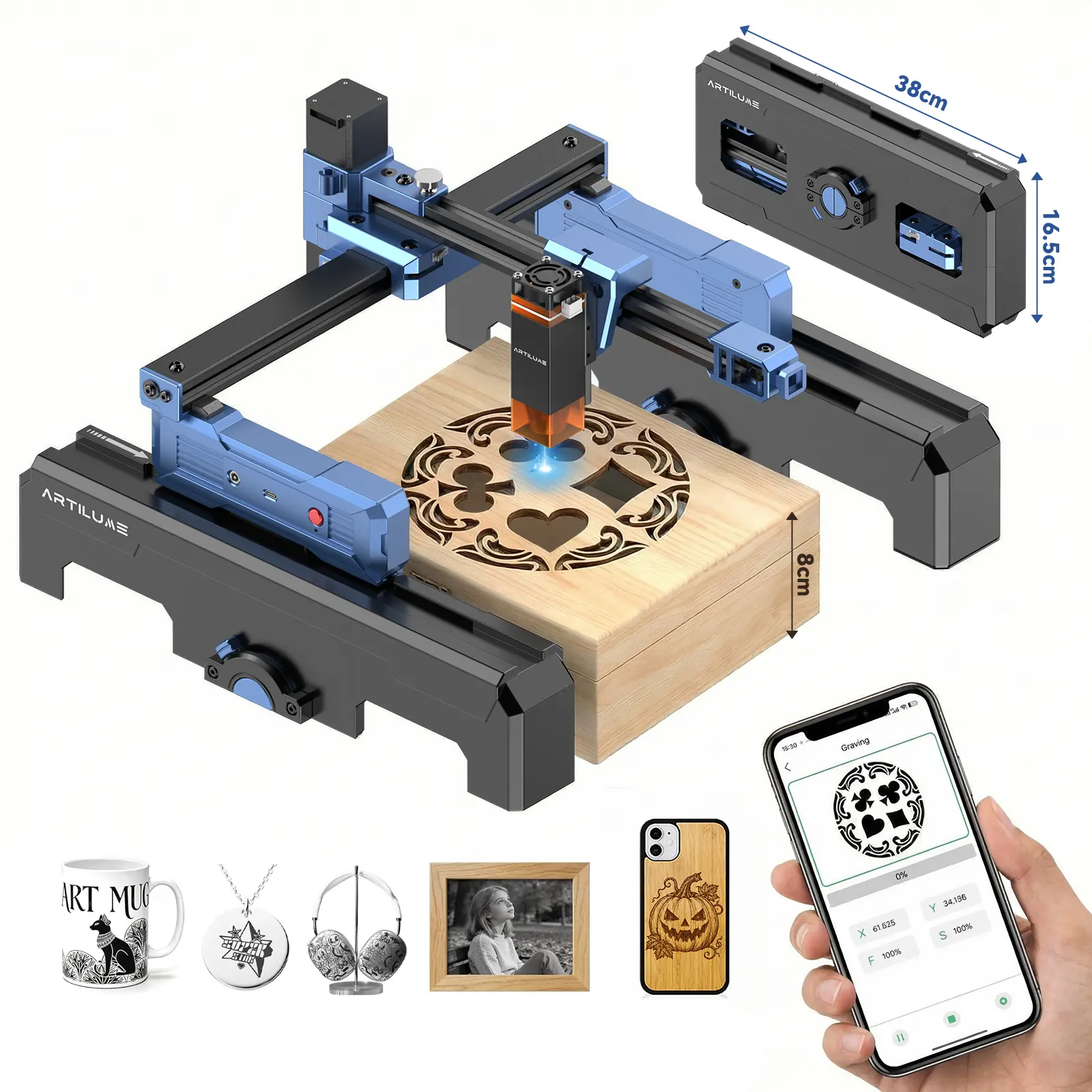 ARTILUME T1-P Laser Engraver, APP/Phone Control, Foldable Design with 8cm Height Extension, 150×200mm Work Area, Engraving Machine for Wood, Leather, Acrylic & Coated Metal