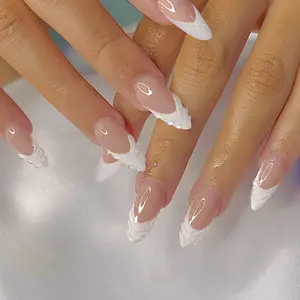 24pcs Long Almond Fake Nails, Reusable Nude Base with French Edge, French Tip, Shell Texture, Includes Jelly Glue and Nail File, Perfect for Weddings and Summer Commutes