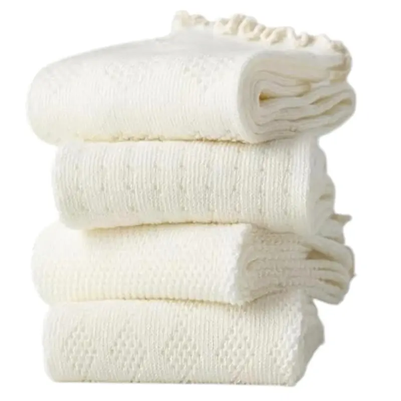 ORI Women’s Lace Knit Crew Socks - 4-Pair Cream Cotton Blend, Soft Breathable, Ruffled Edge, Vintage Mesh Pattern, Everyday Comfort Dress Socks