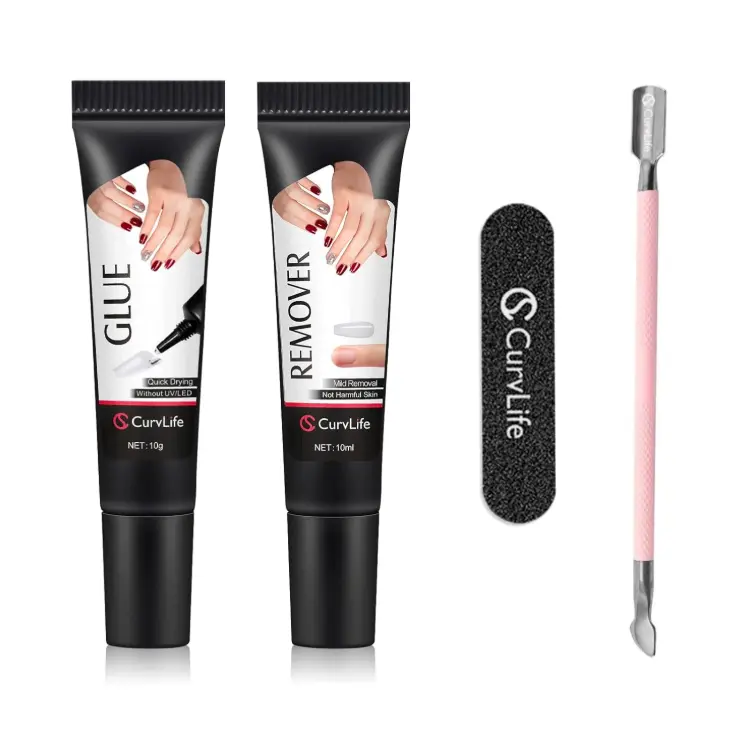Curvlife Soft Quick Drying 10g Semi Solid Nail Glue with 10ml Remover with Cuticle Pusher Nail Art for Press On Nails Tips No Need for UV Lamp Long Lasting