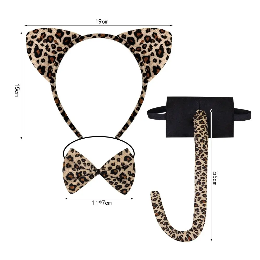 Three-Piece Animal Costume Set, Costume Accessory, Leopard Print Hairband, Bow Tie, Tail, Cat Girl Headband, Halloween Cute Sweet Plush Leopard Ears, Soft