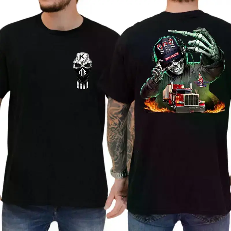 Kenworth Trucker Skull T-Shirt, Premium Cotton Unisex Tee, Flaming Rig Prints Top, Ideal for Truck Enthusiasts, Comfortable & Durable Sportswear