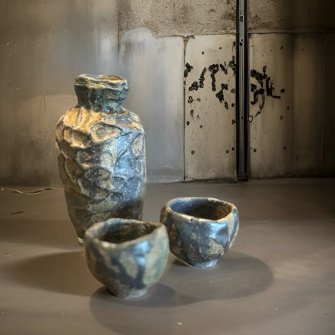 Unique Hand Made Ceramic Sake Bottle/2 Cups Set For Kitchen, Sitting Table, Dining, Collection, Gift. Drinkware