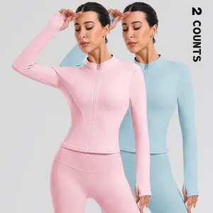 New Women's Two-Piece Sports Jacket, Lightweight Quick-Drying Slim-Fitting Ladies' Activewear, Long-Sleeved with Thumbhole Design, Solid Color Clothing Suitable for Daily Wear, Gym Training, Running and Cycling