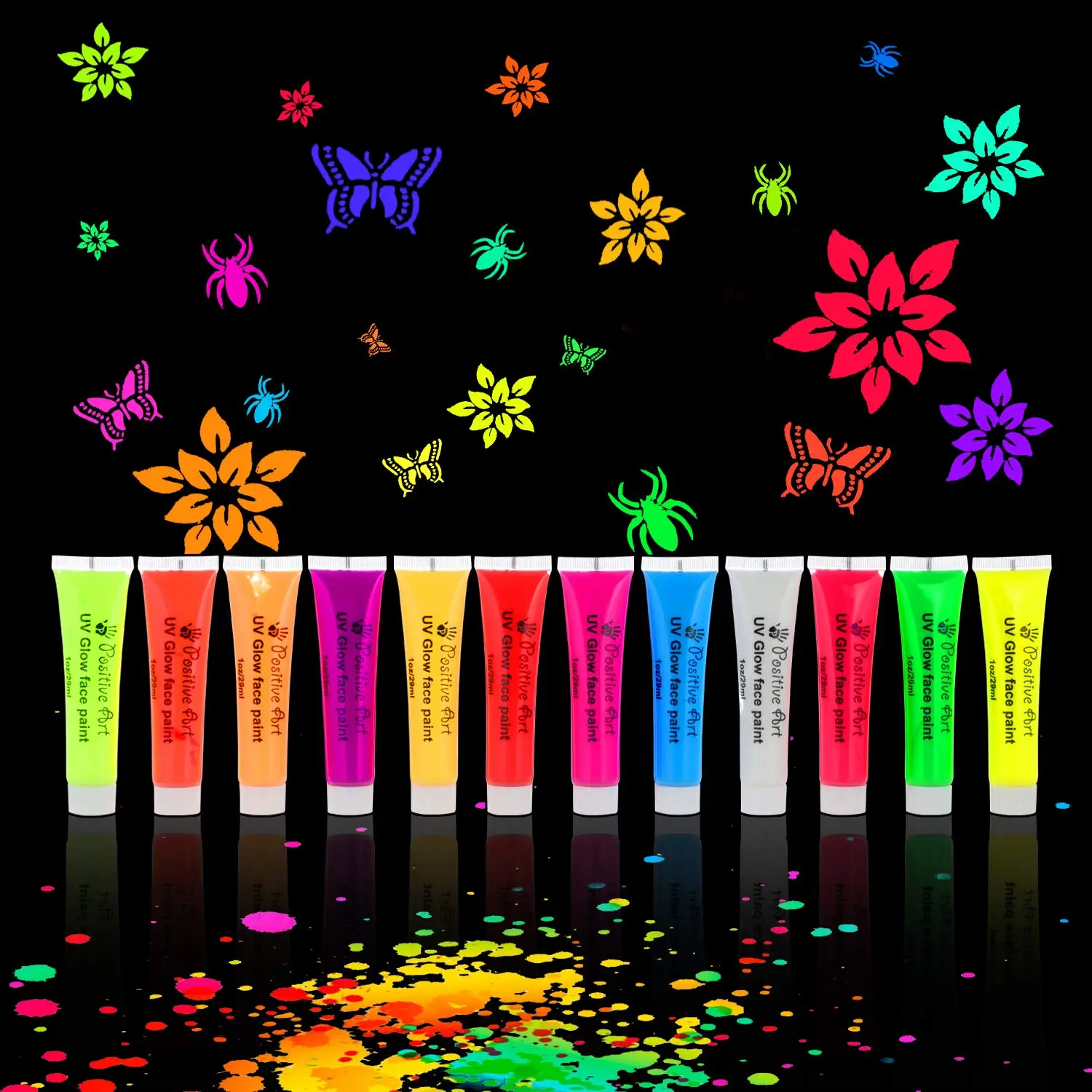 UV Face & Body Paint Kit 12 Neon Colors with 60 Stencils & 3 Brushes Blacklight Glow Safe Washable Body Art