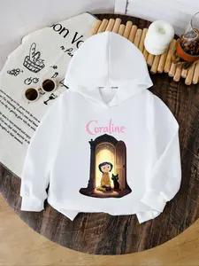 Girls Long Sleeve Hooded Sweatshirt Coraline Cat, Cartoon Pattern, Loose Fit, Comfortable and Stylish, Perfect for Spring & Fall