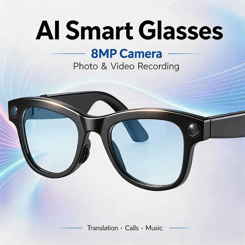 Unisex Adults Wearable Smart Glasses - 8MP Camera Glasses, Oval Frame, Wireless Casual Device, Photo & Video Recording, App-Based Translation, Bluetooth Calling, Open-Ear Audio, Touch Control, Lightweight for Cycling, Commuting