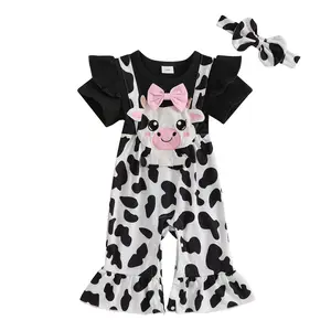Baby Girl Summer Outfits Short Sleeve Cow Romper Bell Bottom Flared Pants Jumpsuit with Headband 2Pcs Cowgirl Overalls