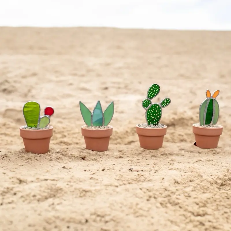 Stained Glass Cactus in Terra Cotta Pot - Decorative Cactus with Colorful Stained Glass Design for Home Decor