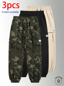3-pack men’s long pants: men’s camouflage cargo jogger pants, loose slim fit multi-pocket casual pants with elastic drawstring design, available in multiple colors, suitable for everyday wear, holiday travel, and outdoor hiking.