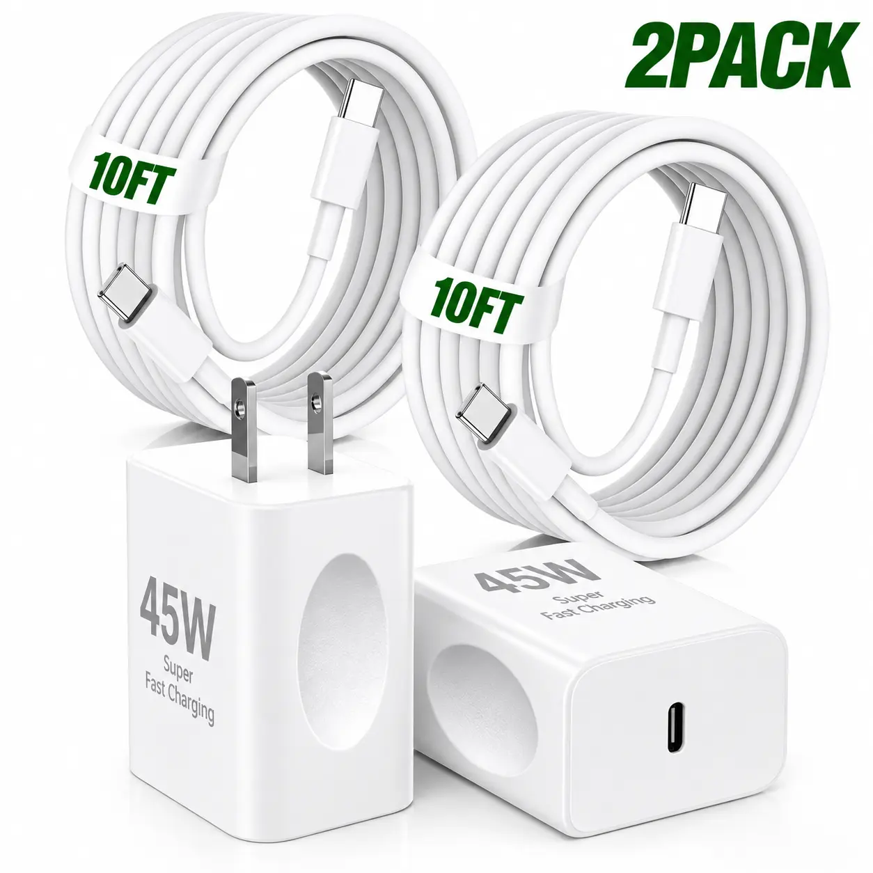 45W Super Fast Type C Charger, 10FT Long USB C to C Cable with Wall Charging Block for iPhone 17 16 15 Pro Max Charger and for Samsung Galaxy S25 Ultra/S25+/S25/S24/S23 Ultra/S23+/S22 /S22+ 2Pack