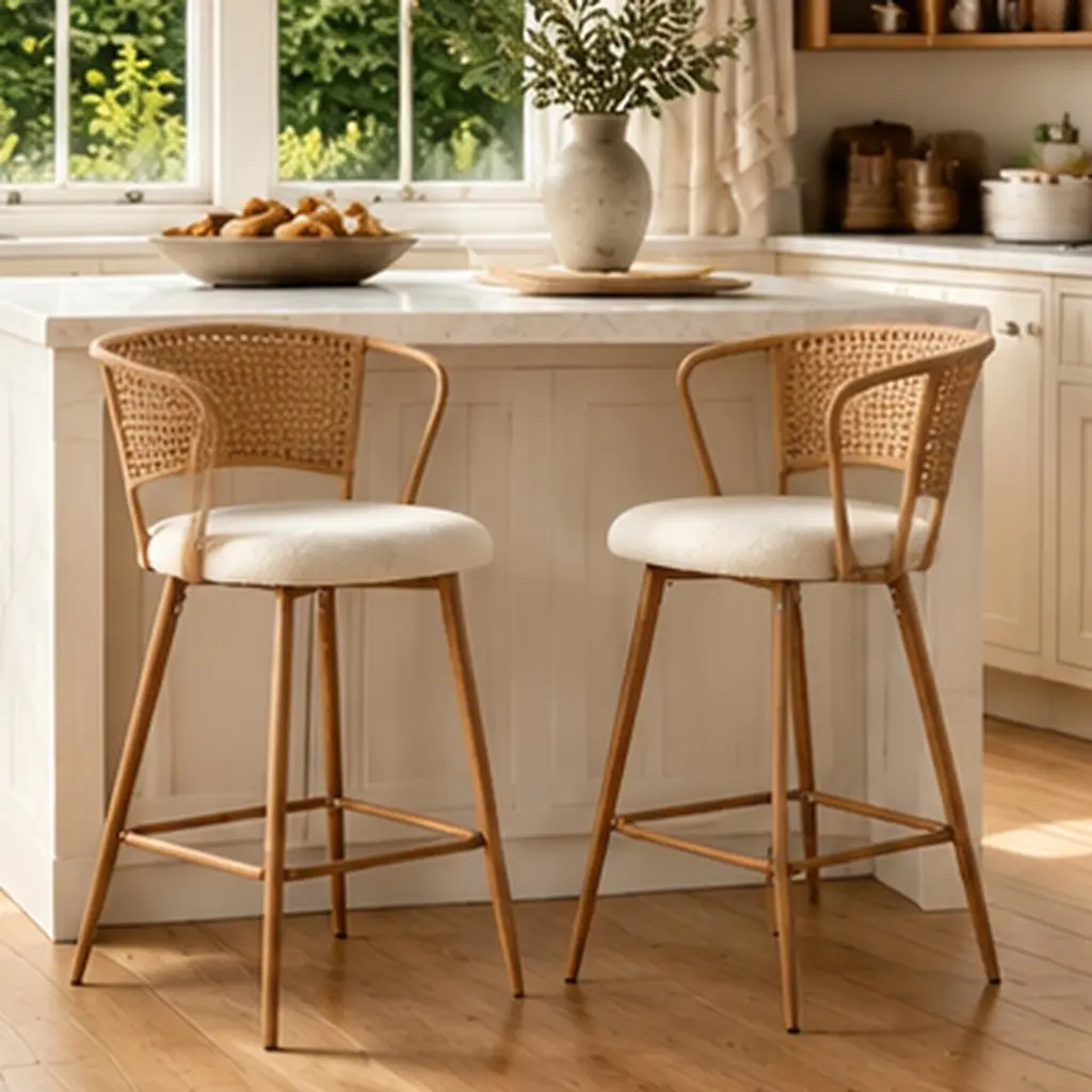 Set of 2 Bar Stools with Rattan Backrest, Upholstered Counter Stools, Modern Mid-Century Boho Barstools for Kitchen Island, Dining Room, Cream, Waterproof Fabric, Metal Legs, 20.87x20.47x36.22 in, Cream Color Options, Rattan+Waterproof Fabric+Me