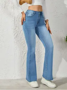 Women's Denim Jeans Elastic Multi-Pocket Design Loose Bell Bottoms Slim Fit Light Blue Long Pants, Casual Fashion Jeans
