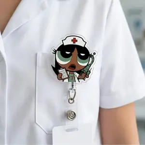 Powerpuff Girls Nurse Retractable Badge Reel - Cute Acrylic ID Name Tag Holder - Cute Nurse Accessory - Black Girl Cartoon Magic Badge Clip Accessory