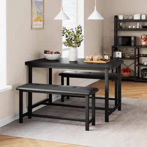 Dining Table Set for 4, Kitchen Table with Benches, Rectangular Dining Room Table Set with 2 Upholstered Benches, 3 Piece Kitchen Table Set for Small Space, Apartment, Studio, Retro Black