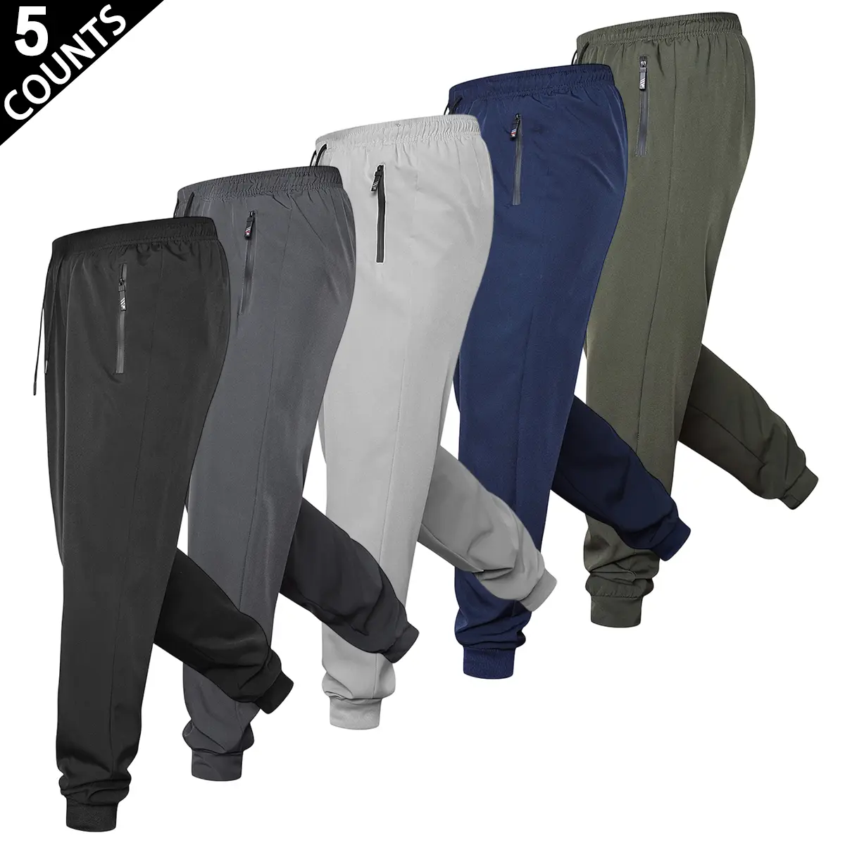 Men's 5-Piece Casual Leggings Pants - Elastic Waistband, Functional Side Zipper Storage, 5 Solid Colors, Athleisure, Multi-Pack, Polyelastane, Ultra-Stretch for Daily Leisure & Training, Athleisure Men's Pants, Multi-Pack Men's Pants