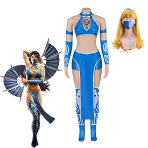 Kitana Cosplay Game MK9 Costume Sexy Women Blue Bikini Set Combat Uniform Suit Halloween Carnival Party Ninja Streetwear