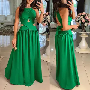 ChicMe Women's Halter Sleeveless St. Patrick's Day Tied Detail Shirred Criss Cross Flared Dress/Halter Sleeveless Flared Evening Dress Glamorous Wedding Guest Evening Wedding Dress