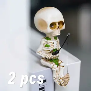 2 Counts Fishing Skeleton Man Car Decoration Halloween Creative Spooky Skull Resin Statue Cute Garden Ornament Home Desktop Office Fish Tank Decorative Craft Horror Figurine Halloween Gift Fun Car Accessories Car Decor Holiday Gift