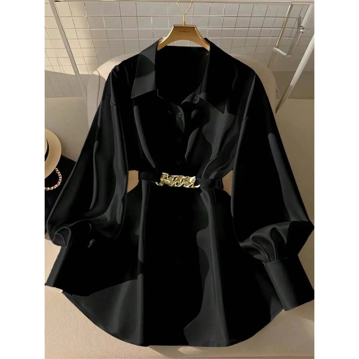 Women's Metallic Embellished Long Sleeve Fit Shirts - Button-Front, Lantern/Full Sleeves, Oversized, Comfortable Fabric Sports & Outdoor Top, Casual Blouses, Longsleeves