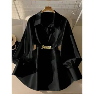 Women's Metallic Embellished Long Lantern Sleeve Long Shirt, Elegant & Fashionable