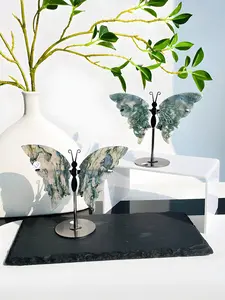 Natural Moss Agate Butterfly Wing Shaped Decoration, 1 Pair Crystal Decorative Ornament with Stand, Suitable for Feng Shui Decoration, Ideal Home Carved Decoration
