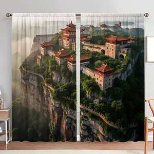 Chinese Style Print Door Curtain, 1 Set Chinese Style Door Curtain, Home Decor for Living Room Bedroom, Room Divider Curtain