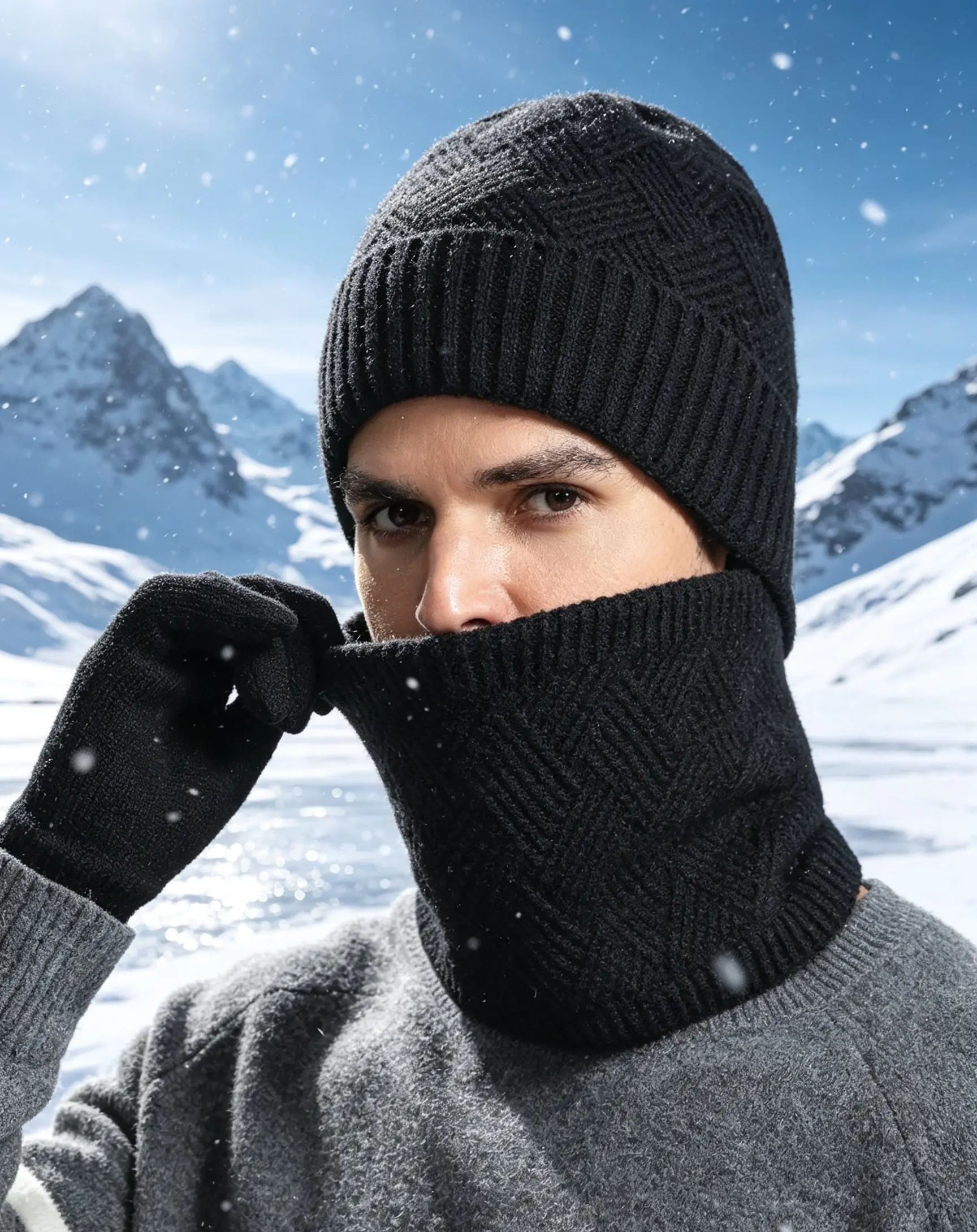 Men's Winter 3-Piece Sports & Outdoor Accessory Set: Fleece-Lined Knit Hat, Neck Warmer, Thick Double-Layer Gloves