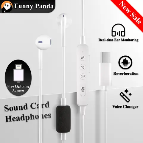 FunnyPanda Portable Wired Headphones with Mobile Sound Card - 50Hz-45kHz High Sound Quality, Built-in Earphone Monitoring, Voice Changer, Reverberation, Karaoke Microphone, 0.22lbs, 2*3*3cm Compact & Lightweight Design, Camera Compatible for Music Lovers