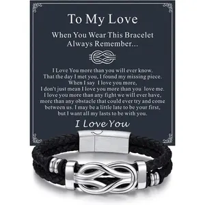 Infinity Love Knot Bracelet for Men Black Leather Love Link Cuff Bracelet Mens Gifts for Father's Day Birthday Anniversary Christmas