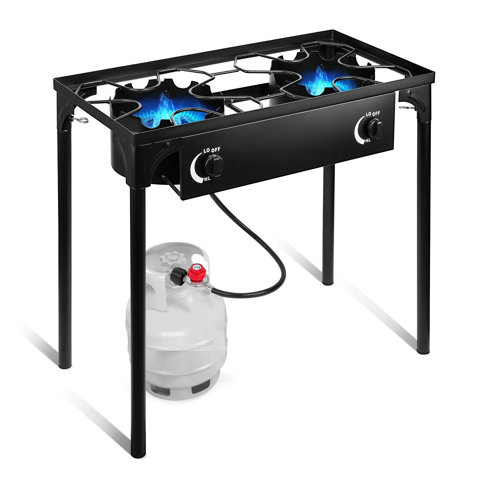 2-Burner Propane Camp Stove, 150,000 BTU High-Pressure Burner with Windproof Design, Removable Legs, and 4ft Steel Braided Hose, Portable Camping Gear for Outdoor Cooking, Steel Hose