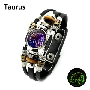 Veliora Gift B Glow in the Dark Leather 12 Zodiac Bracelet for Men and Women(6.9in/8.1in) Constellation Horoscope Jewelry Premium Genuine Leather Adjustable Strap Vintage Wrap Design Ideal Gift for Astrology stud earring