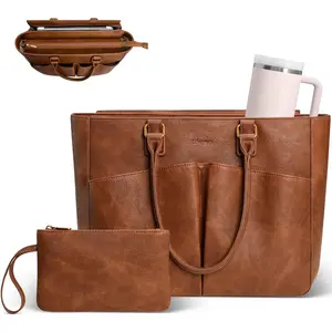 Laptop Tote Bag for Women, Leather Work Tote with Padded Laptop Compartment, Cup Holder, Office  Briefcase | Structured Shape, Padded Tech Pocket, Large Capacity, Built-ln Cup Holder, Water-Resistant