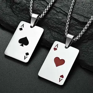 Unisex Fashion Pendant Necklace, Artificial Gemstone Poker Card Unique Pendant, Red Heart Design, A-Shaped Box Chain & Link Jewelry Accessory
