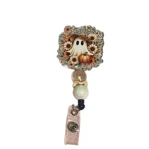 Sweet Gost Badge Reel with Pumpkin and Floral Design Halloween Accessory for Office and School Use