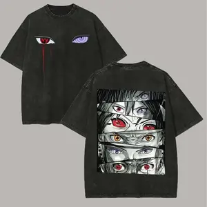 Sharingan T Shirt Rinnegan Eyes Acid Wash Streetwear Retro Anime Graphic Men Tees Cotton Clothing