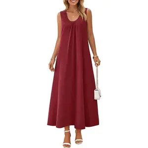 MEROKEETY Women's Summer Boho Maxi Dress 2026 Ruched Beach Vacation Sundresses Sleeveless Loose Tank Dress