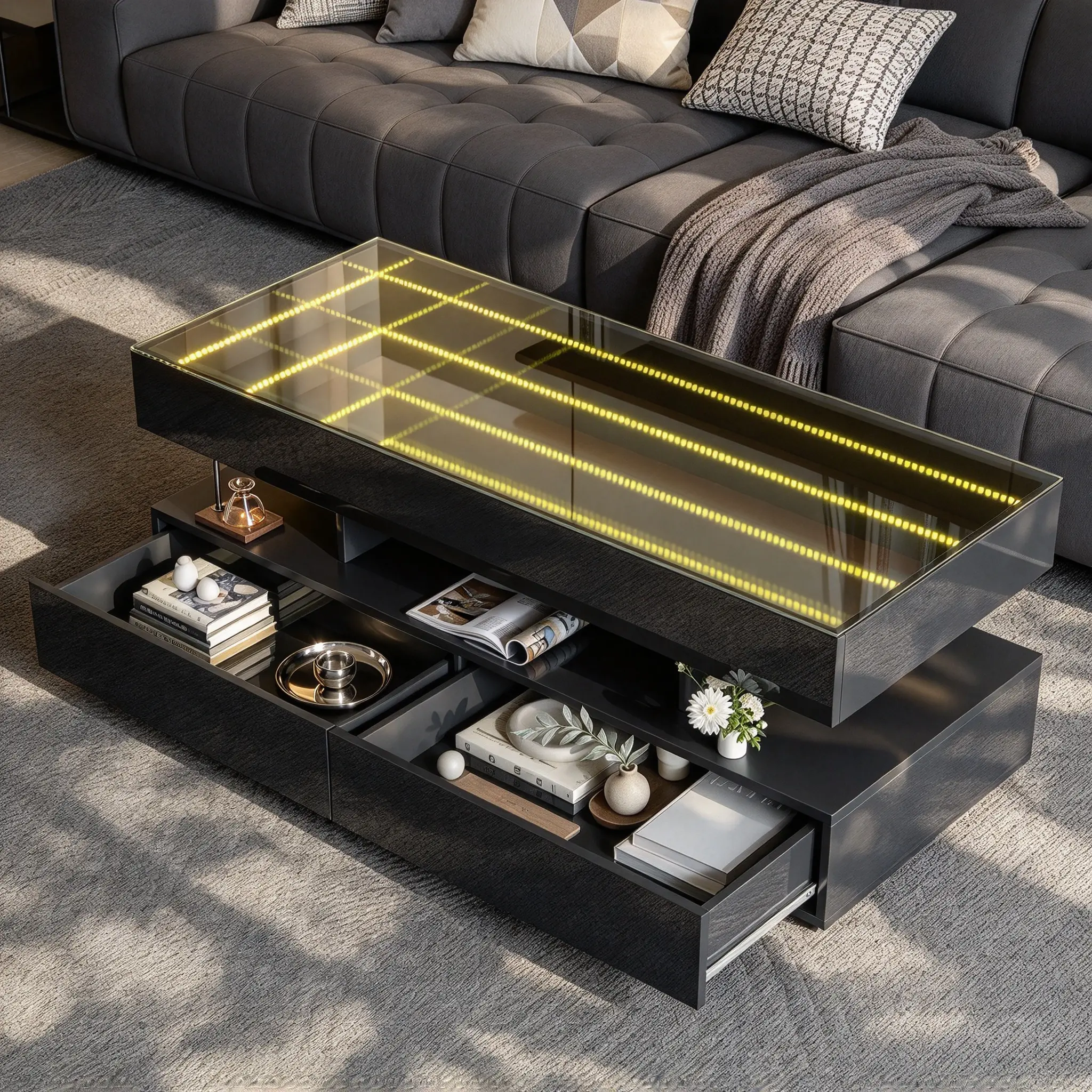 47.2" High-Glossy LED Coffee Table - Infinity Mirror, 2 Sliding Drawers, Modern Double-Layer Center Table with Open Storage Shelf, RGB Color-Changing Mood Lights for Living Room, Dorm Essentials, Black