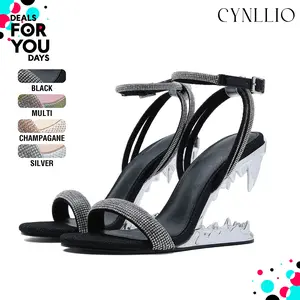 CYNLLIO Womens Morso Rinestone Ankle Strap Mule Heels Tiger Teeth Shark Heel Open Toe One Strap Slip On Sandals Party Wedding Dating Outing Holiday Dress Spring Summer Fashion Graduation Heels Deals For You Days