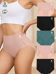 5 pcs women’s high-waist panties, soft breathable stretch briefs, tummy control underwear for everyday wear, work, and lounging